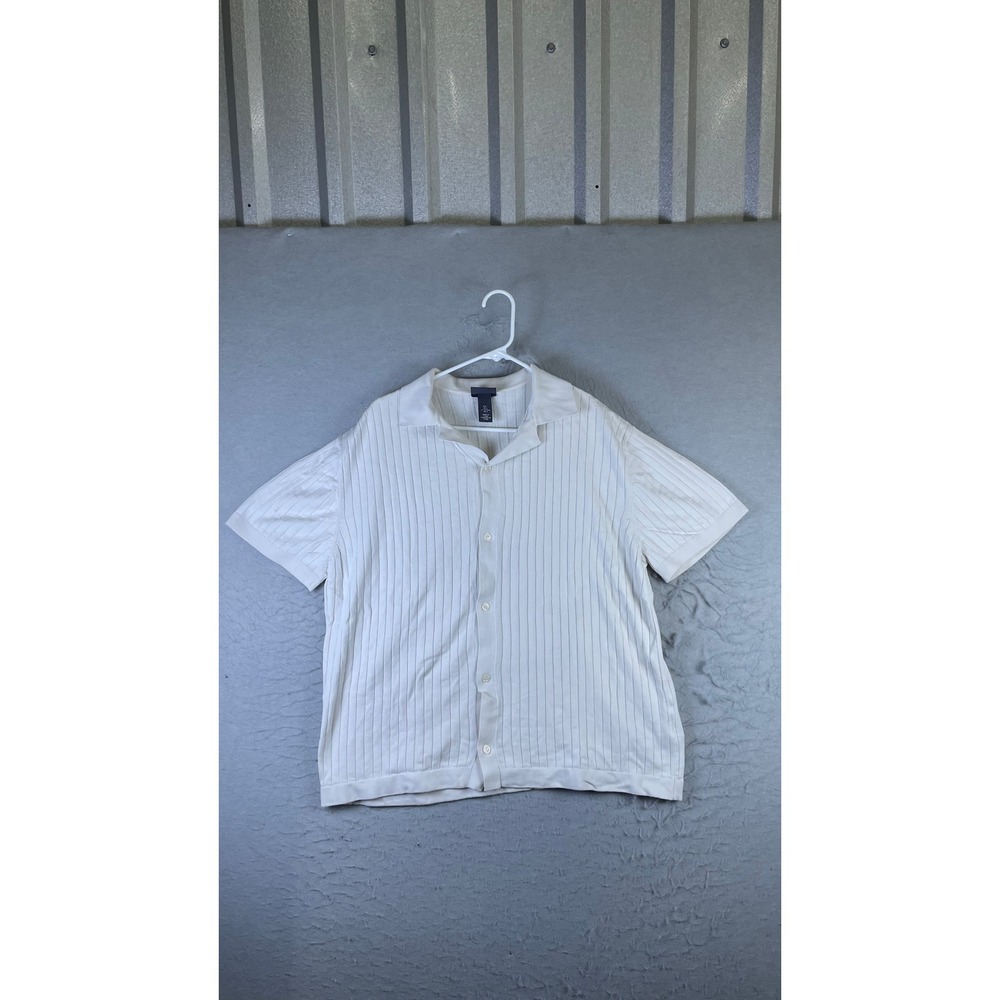 H&M Ribbed Knit Shirt Mens L Cream Fair Short Sleeve Button Down Camp Collar
